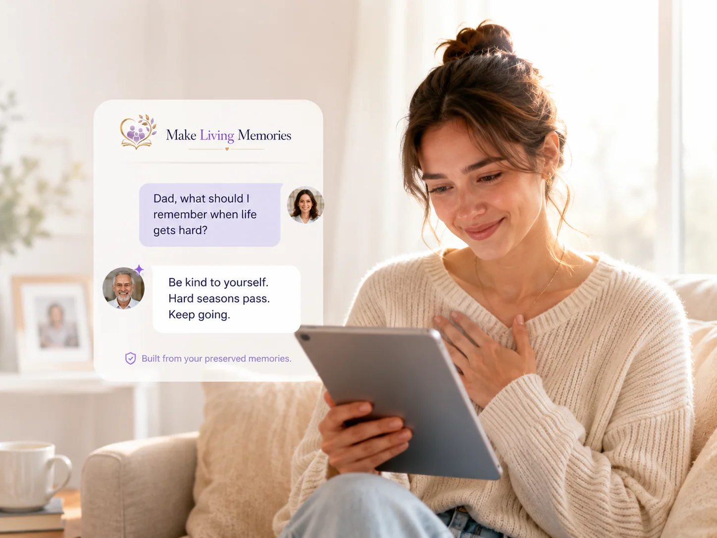 Young woman reading a meaningful answer from a preserved family memory on her tablet.