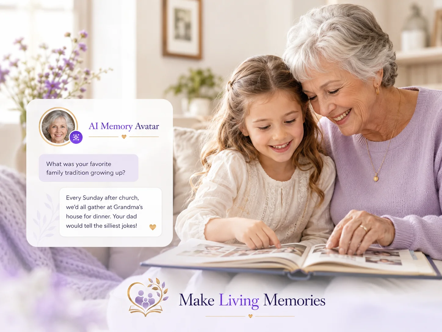 Grandmother and granddaughter looking through family photos while an AI Memory Avatar answer appears beside them.