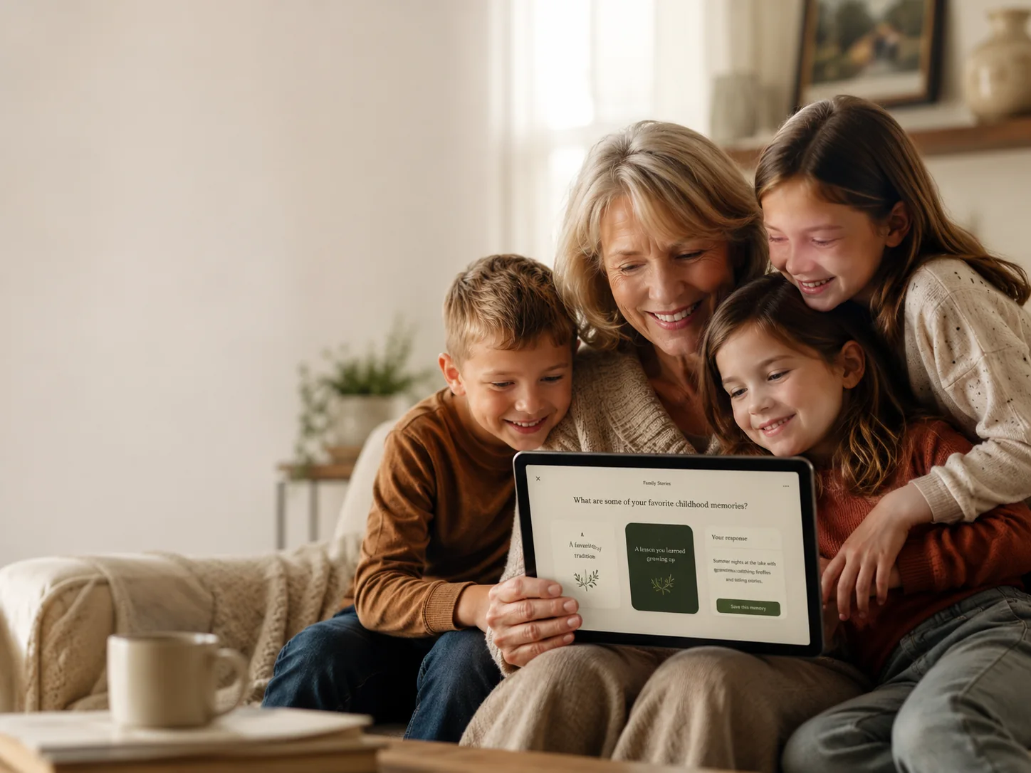 Family gathered around a tablet showing guided storytelling prompts and memory questions.