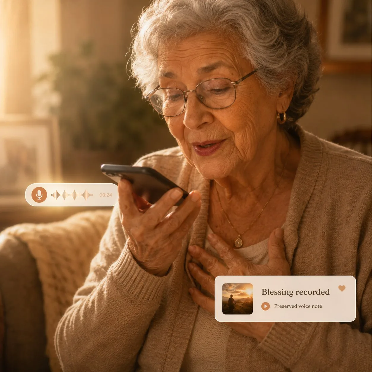 A grandmother recording a voice blessing on her phone