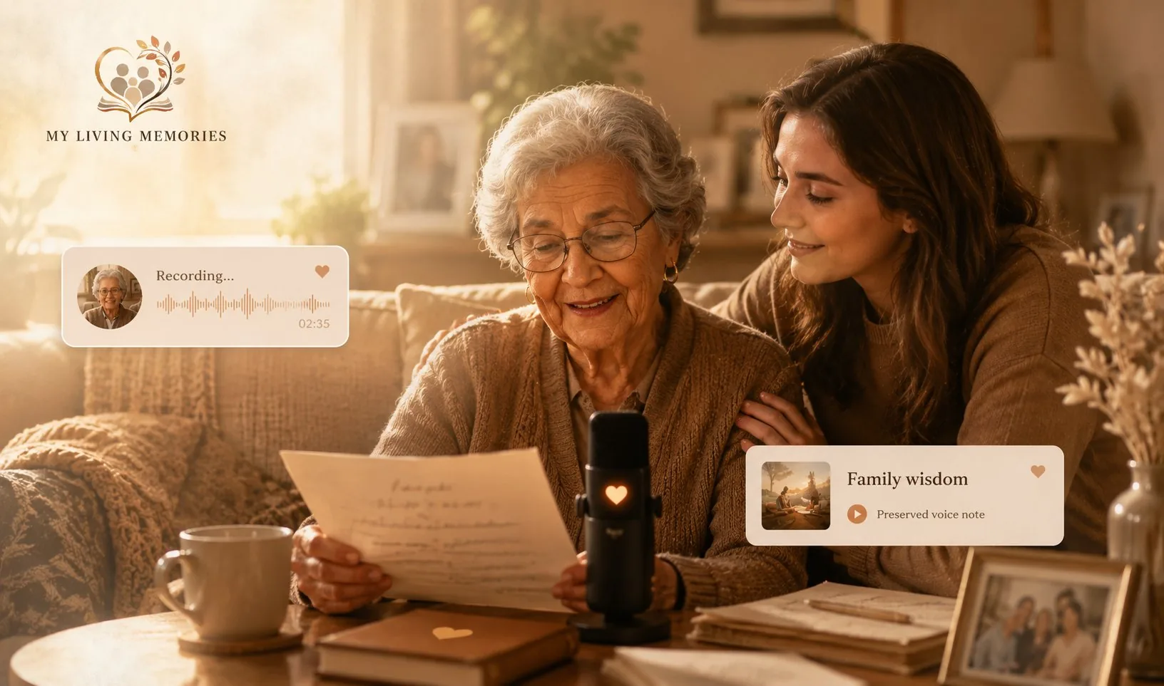 A grandmother recording a family story while her granddaughter listens
