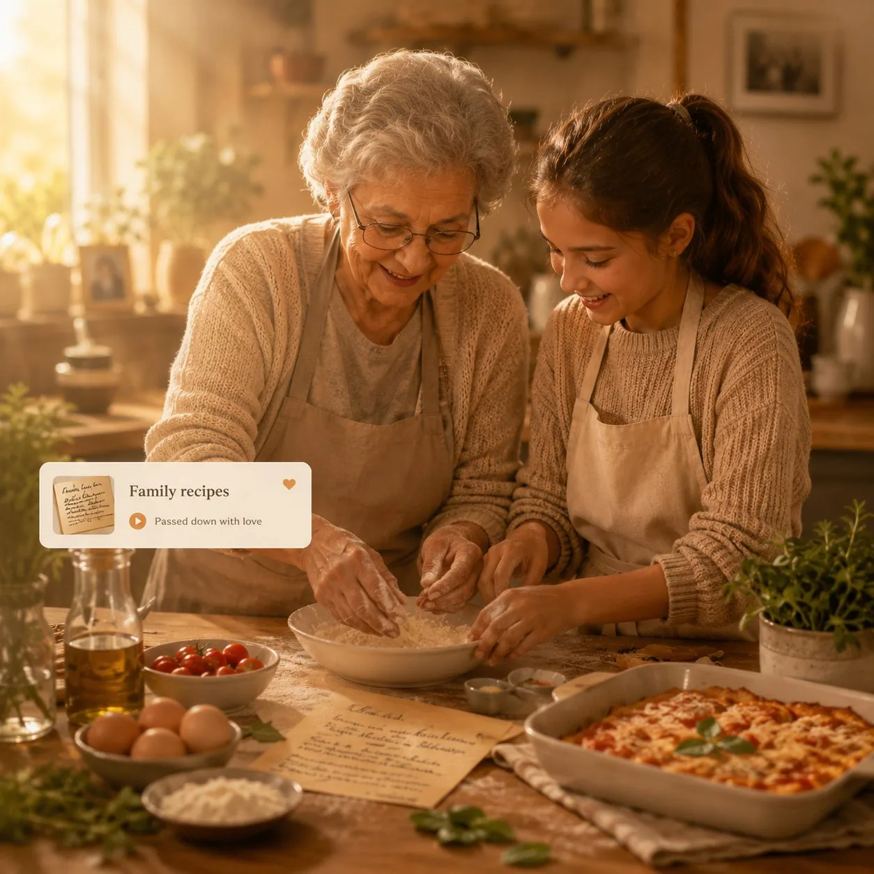 A grandmother and granddaughter baking a family recipe together
