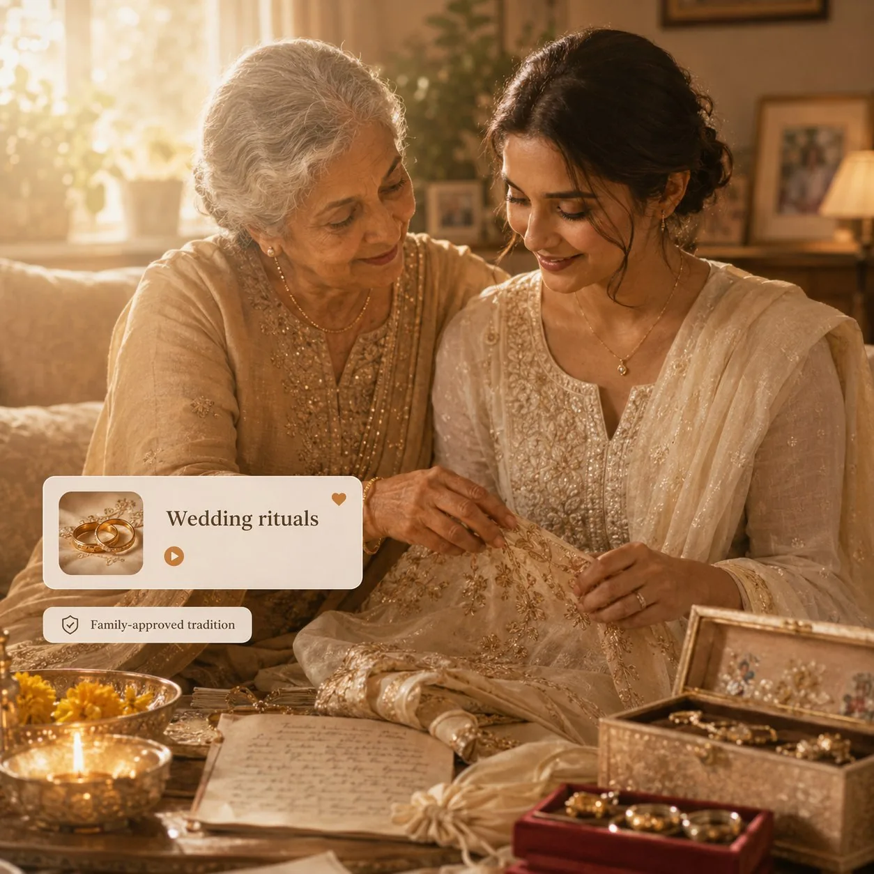 A mother showing her daughter the family's wedding traditions